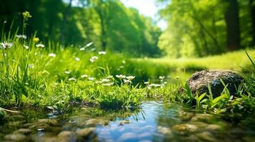 une luxuriant Prairie de vibrant vert la nature avec l'eau fonctionnement ai généré image photo