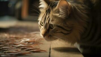 mignonne chat en train de regarder le poisson. marrant chaton reniflement le poisson. généré ai. photo