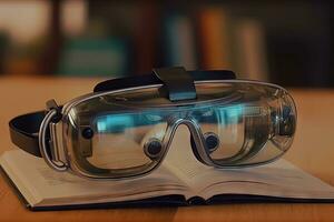 ar des lunettes La technologie concept avec transparent des lunettes de protection. augmenté réalité futuriste immersif expérience. généré ai photo