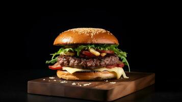 juteux savoureux Hamburger sur le tableau. vite nourriture image de une Burger avec grillé Viande. généré ai. photo