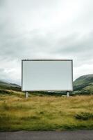 rural tranquillité avec une Vide panneau d'affichage Cadre contre roulant collines, inexploité La publicité potentiel ai génératif photo