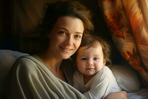 Jeune mère avec mignonne bébé à Matin. produire ai photo