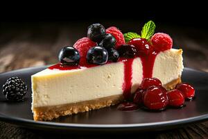 incroyable framboise fromage gâteau, égouttage chocolat, génératif ai photo