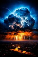 une captivant photo de une ardent orage mettant en valeur spectaculaire sprites et boulons de foudre avec une spacieux toile de fond pour texte