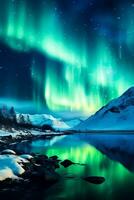 une Stupéfiant nuit ciel illuminé par le éblouissant teintes de le aurore borealis une majestueux Contexte avec vide espace pour texte photo