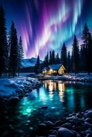 un enchanteur mélange de vibrant légumes verts et violets dansant à travers le nuit ciel marquage le éthéré beauté de le aurore borealis dans nordique pays des merveilles photo