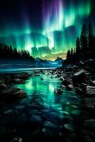 vif stries de vert et violet Danse à travers le nuit ciel enchanteur spectateurs avec le fascinant aurore borealis spectacle photo