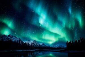 une Stupéfiant nuit ciel illuminé par le éblouissant teintes de le aurore borealis une majestueux Contexte avec vide espace pour texte photo