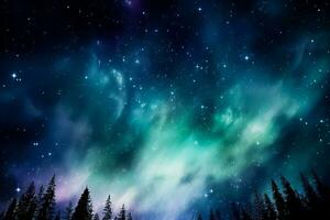 une Stupéfiant nuit ciel illuminé par le éblouissant teintes de le aurore borealis une majestueux Contexte avec vide espace pour texte photo