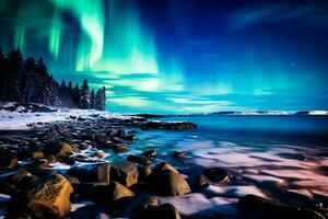 captivant afficher de vibrant couleurs au milieu de le obscurité - le Stupéfiant Danse de le aurore borealis illumine le nordique ciel photo