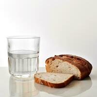 pain et l'eau fermer. tranché pain et une verre de l'eau sur une blanc Contexte. photo