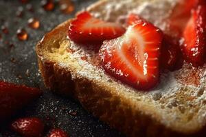 fraise griller, macro coup de une Frais petit déjeuner avec égouttage Miel, ai généré photo