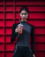 asiatique en forme femme en buvant smoothie ai généré photo