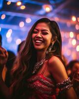 magnifique asiatique femme dansant dans boîte de nuit ai généré photo
