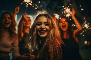 Jeune fille à feux d'artifice ai généré photo