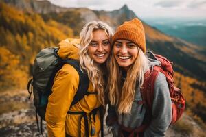 deux content femmes randonnée, ai généré photo