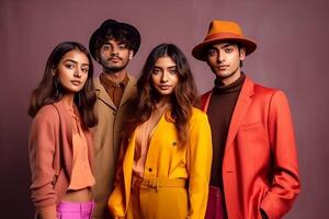 une groupe de Indien gen z des modèles posant dans moderne audacieux moderne style tenues ai généré photo