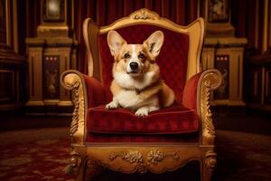 corgi chien sur le Royal trône ai généré photo