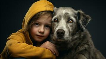 selfie photo de une peu garçon avec le sien chien . génératif ai