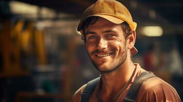 photo de Masculin ouvrier sourire à la recherche caméra. génératif ai