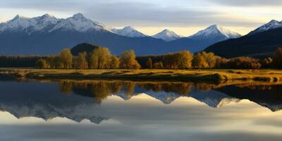 splendide paysage réflexion dans serein l'eau par printemps été herbe feuillages. ai génératif photo