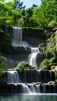 scénique cascade paysage dans une parc printemps été par vert feuillage de des arbres photo