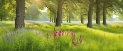 paysage concept Contexte magnifique Prairie des champs dans heure d'été établi avec ai génératif photo