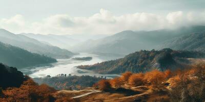 génératif ai, l'automne esthétique paysage panorama, en sourdine neutre couleurs. photo