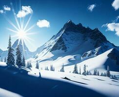 hiver pays des merveilles, majestueux montagnes en dessous de une bleu ciel, ai généré photo