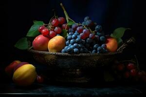 décoré somptueux bol de mélanger des fruits, génératif ai photo