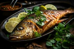 entier poisson avec une grillé peau arabe nourriture génératif ai photo