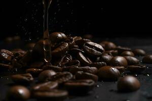 café des haricots chute dans une éclaboussure de Chocolat sur une noir Contexte photo