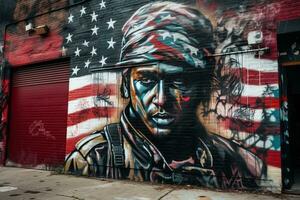 une rue art mural graffiti La peinture de une soldat avec une casque sur le mur photo
