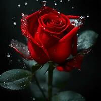 une rouge Rose fleur avec l'eau laissez tomber dans foncé thème génératif ai photo