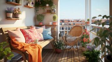 conception de une confortable moderne balcon avec une doux chaise et les plantes. photo