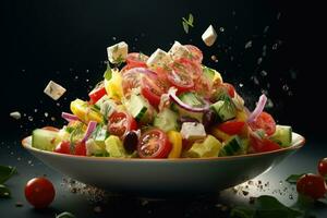 grec salade en volant Ingrédients Créatif spectaculaire lumière génératif ai photo