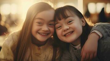 deux souriant les enfants avec vers le bas syndrome. éducation pour spécial les enfants. photo