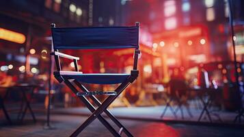 un vide réalisateur chaise dans de face de un vide film ensemble. sombre Contexte photo