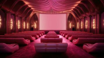 vide rose cinéma salle. vue de vide cinéma écran avec rrose chaises. photo