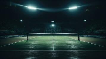 vue de une tennis tribunal avec lumière de le projecteurs plus de foncé Contexte photo