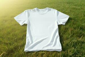 blanc T-shirt vert herbe sport. produire ai photo