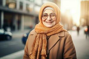 vieux femme chaud souriant à rue. produire ai photo