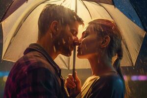 couple passionné baiser pluie. produire ai photo
