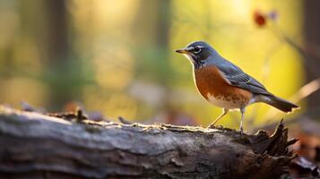 photo de une américain Robin permanent sur une déchue arbre branche à Matin