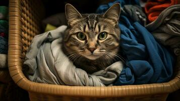 photo de le chat est cache dans le vêtements panier. génératif ai