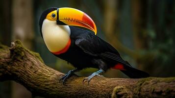 photo de une toucan permanent sur une déchue arbre branche à Matin. génératif ai