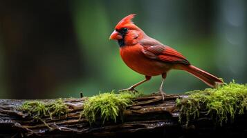 photo de une nord cardinal permanent sur une déchue arbre branche à Matin. génératif ai