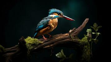 photo de une martin-pêcheur permanent sur une déchue arbre branche à Matin. génératif ai