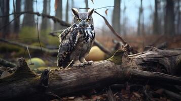 photo de une génial cornu hibou permanent sur une déchue arbre branche à Matin. génératif ai