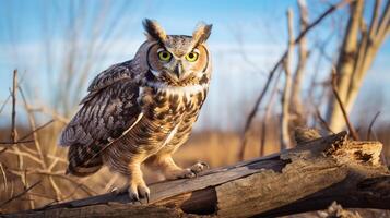 photo de une génial cornu hibou permanent sur une déchue arbre branche à Matin. génératif ai